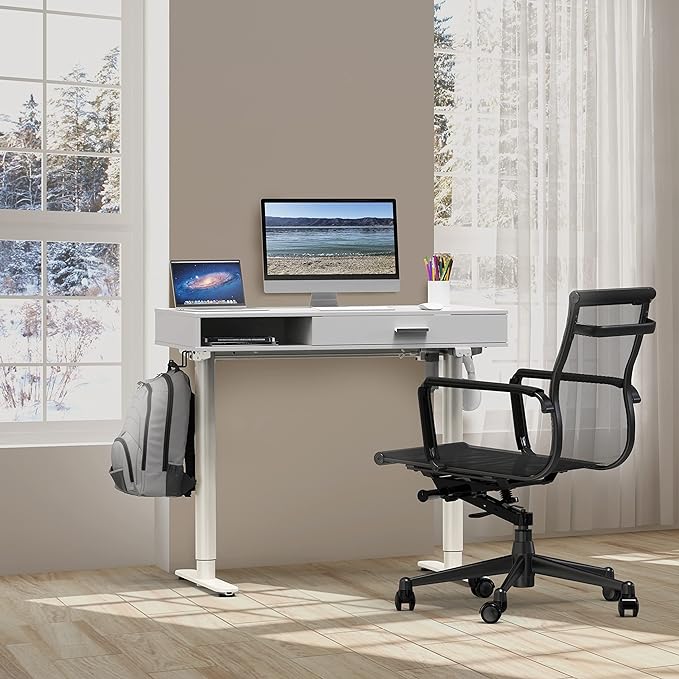 SHW Claire 40-Inch Height Adjustable Electric Standing Desk with Drawer, White - LeafyLoom
