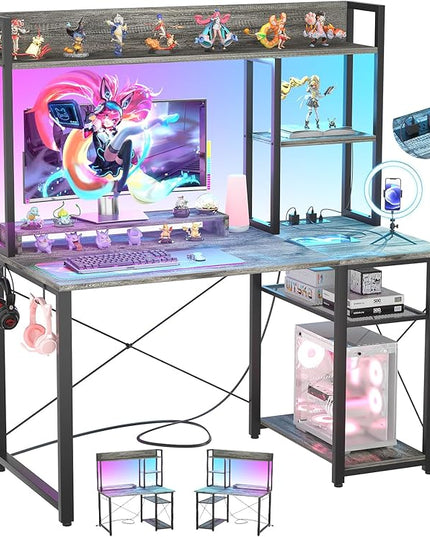 Cyclysio Gaming Desk with Hutch, 39'' Computer Desk with LED Lights & Power Outlets, Home Office Desk with Reversible 5 Tiers Storage Shelves & Monitor Stand, Small Gaming Table for Small Space, Grey - LeafyLoom