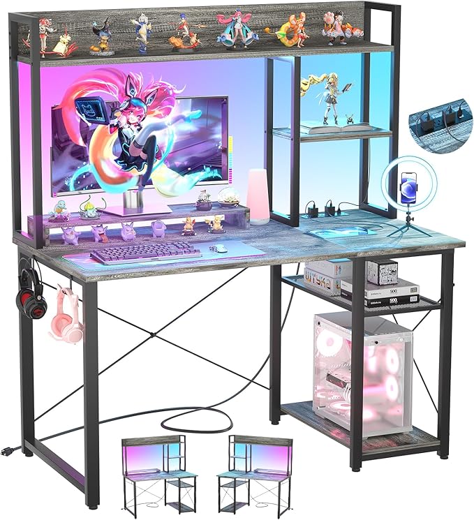 Cyclysio Gaming Desk with Hutch, 39'' Computer Desk with LED Lights & Power Outlets, Home Office Desk with Reversible 5 Tiers Storage Shelves & Monitor Stand, Small Gaming Table for Small Space, Grey - LeafyLoom