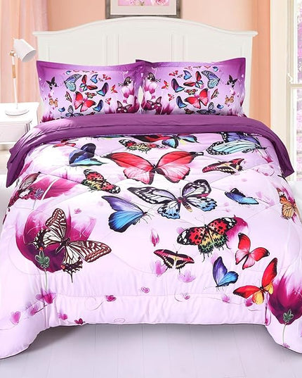 ENCOFT Pink and Purple Butterfly Comforter Set Twin, 3 Pieces Soft Microfiber Lightweight Butterfly Twin Bed Comforter Set, Extra Long Twin XL Comforter for Girls, Teen, 68"x92" - LeafyLoom