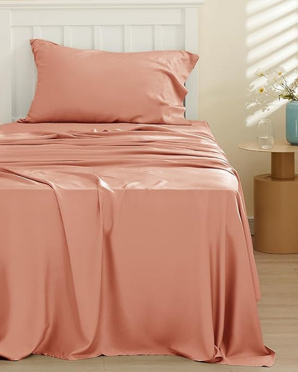 Bedsure Twin XL Sheet Set Dorm Bedding, Cooling Sheets Twin Extra Long Sheets, Rayon Derived from Bamboo, Deep Pocket Up to 16", Hotel Luxury Silky Bedding Sheets & Pillowcases, Coral - LeafyLoom