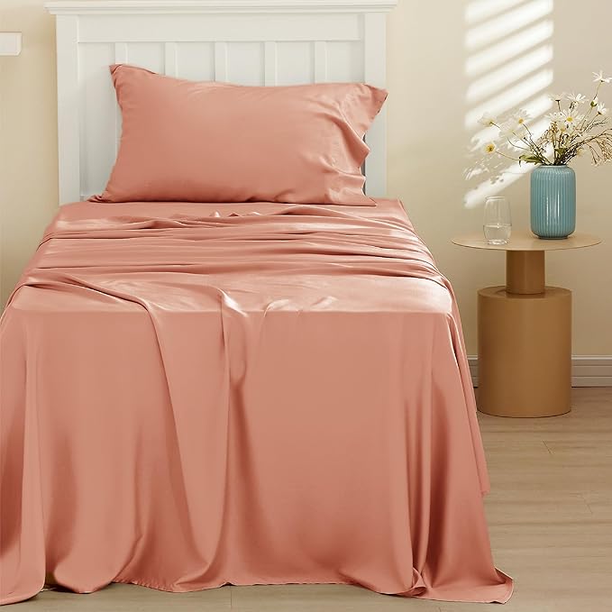 Bedsure Twin XL Sheet Set Dorm Bedding, Cooling Sheets Twin Extra Long Sheets, Rayon Derived from Bamboo, Deep Pocket Up to 16", Hotel Luxury Silky Bedding Sheets & Pillowcases, Coral - LeafyLoom