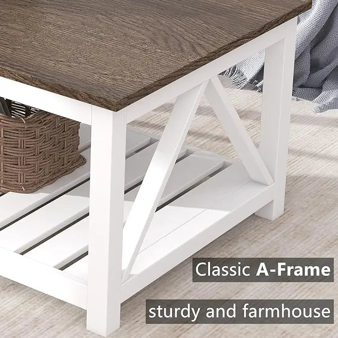 ChooChoo Farmhouse Coffee Table, Rustic Vintage Living Room Table with Shelf, 40 White - LeafyLoom