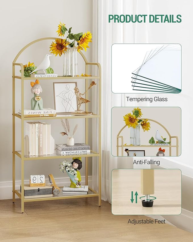 Bookcase Bookshelf, Tempered Glass Bookshelves, Slim Shelving Unit for Bedroom, Bathroom, Home Office, Steel Frame, 4 Tier Gold BC21499G - LeafyLoom