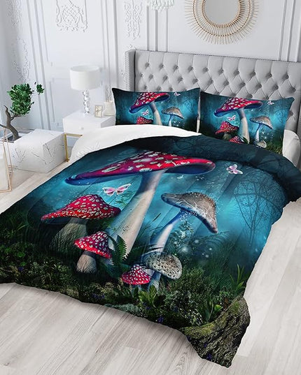 Red Mushroom Kawaii Comforter Set Twin Size Kids Mushroom Butterfly Bedding Set Botanical Plant Theme Print Quilt Bed Set for Boys Girls Adults with 1 Comforter and 2 Pillowcases - LeafyLoom