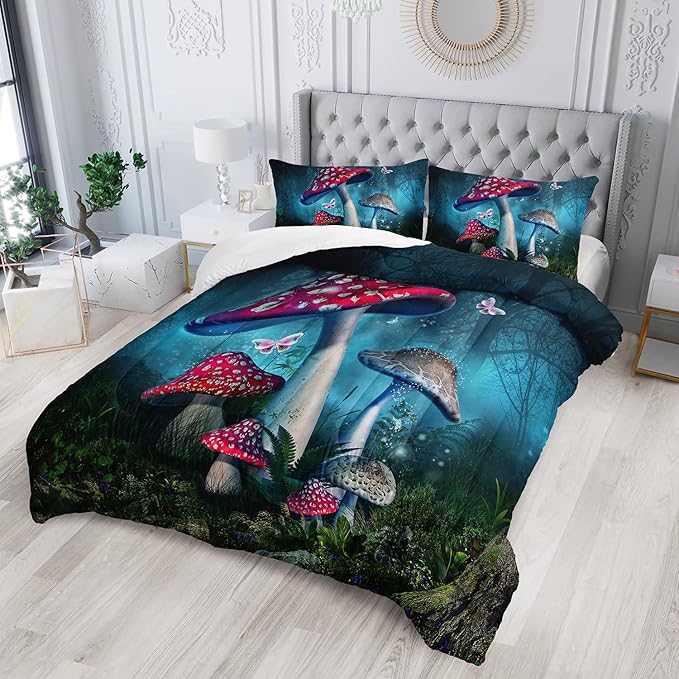 Red Mushroom Kawaii Comforter Set Queen Size Kids Mushroom Butterfly Bedding Set Botanical Plant Theme Print Quilt Bed Set for Boys Girls Adults with 1 Comforter and 2 Pillowcases - LeafyLoom
