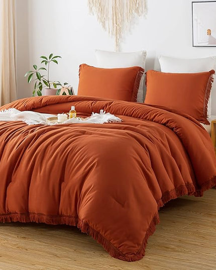 Andency King Size Comforter Set Burnt Orange, 3 Pieces Boho Terracotta Soft Lightweight Bedding Comforter Sets, Rust Tassel All Season Bed Set (104x90In Comforter & 2 Pillowcases) - LeafyLoom