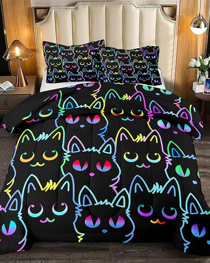 Cats Full Size Comforter Set for Girls - Cartoon Cats Bedding Set for Girls Room Lovely Cats Pattern Girls Bedding Set Soft Breathable Cats Comforter with 2 Pillowcases for All-Season - LeafyLoom