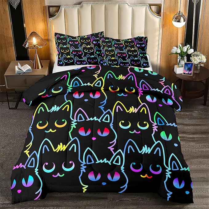 Cat Comforter Set for Girls Room - Colorful Cartoon Cats Bedding Set for Girls Bedroom Girls Room Decor Ultra Soft Cats Comforter Set for All-Season with 1 Comforter and 2 Pillowcases, Queen Size - LeafyLoom