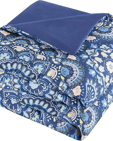 Comfort Spaces Girls Bed in A Bag Floral Comforter Set College Dorm Room Essentials, Complete Dormitory Bedroom Pack And Sheet with 2 Side Pocket Includes Extra Pillowcase Sets, Twin, Medallion Blue - LeafyLoom