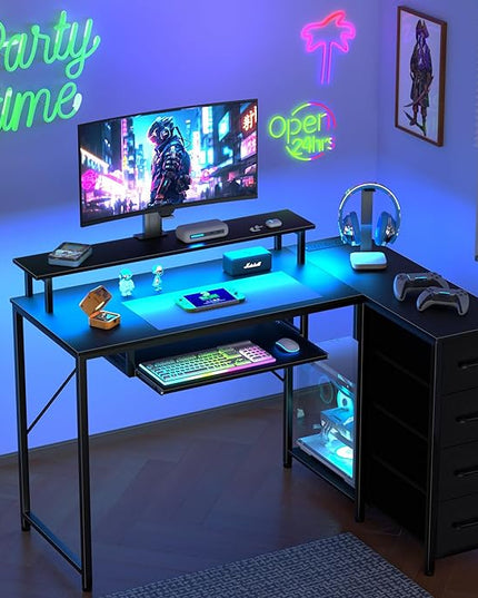 Black L Shaped Desk with Drawers, Corner Desk with LED Light & Power Outlet, 47" Computer Desk with Monitor Stand & CPU Stand, for Home Office Small Space - LeafyLoom