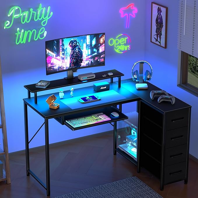 Black L Shaped Desk with Drawers, Corner Desk with LED Light & Power Outlet, 47" Computer Desk with Monitor Stand & CPU Stand, for Home Office Small Space - LeafyLoom