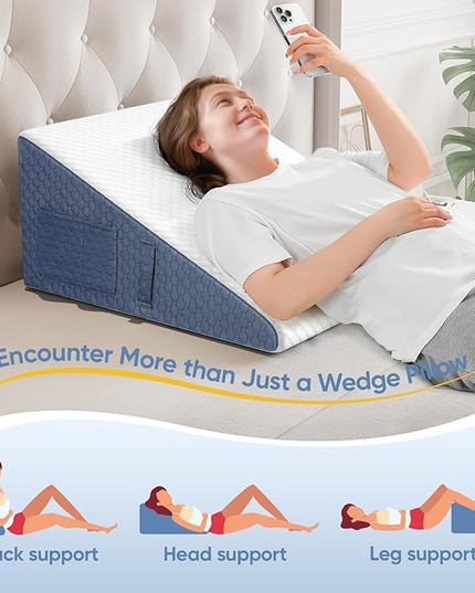 Wedge Pillow with Extra Replaceable Washable Covers, 2024 New 12'' Bed Wedge Pillow for Sleep Apnea, Acid Reflux, Heartburn, GERD, Cooling Memory Foam Top Incline Pillow for Improved Sleep - LeafyLoom