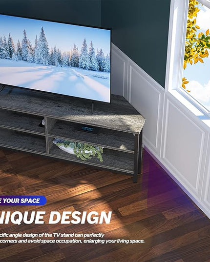Unikito Corner TV Stand with Power Outlet, Corner Entertainment Center Media TV Console Table with 4 Open Storage Cabinet Shelve Wood TV Stand for Living Room For 55 inch TV, Gray Oak - LeafyLoom