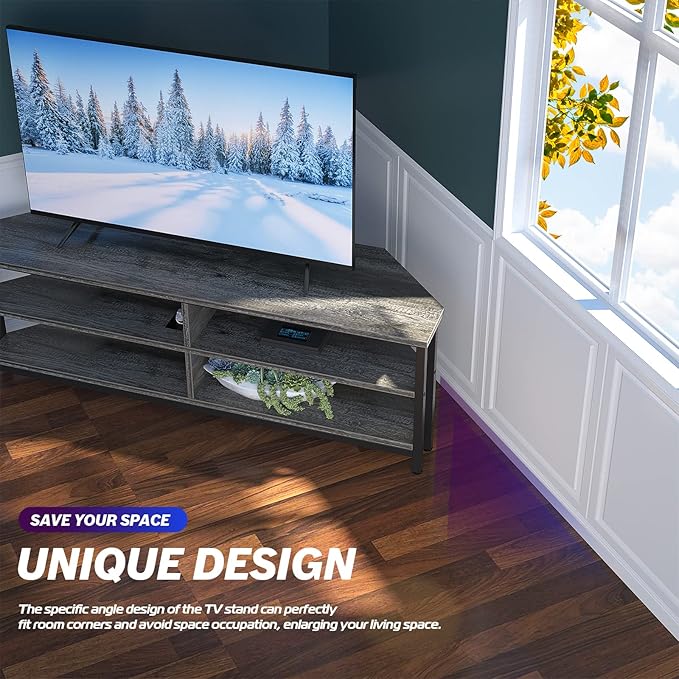 Unikito Corner TV Stand with Power Outlet, Corner Entertainment Center Media TV Console Table with 4 Open Storage Cabinet Shelve Wood TV Stand for Living Room For 55 inch TV, Gray Oak - LeafyLoom