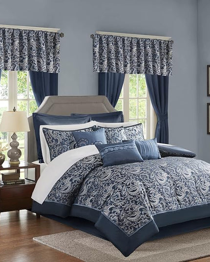 Madison Park Essentials Brystol 24 Piece Room in a Bag Faux Silk Comforter Jacquard Paisley Design Matching Curtains Down Alternative All Season Bedding-Set, King(104 in x 92 in), Navy 24 Piece - LeafyLoom