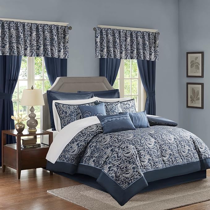 Madison Park Essentials Brystol 24 Piece Room in a Bag Faux Silk Comforter Jacquard Paisley Design Matching Curtains Down Alternative All Season Bedding-Set, King(104 in x 92 in), Navy 24 Piece - LeafyLoom