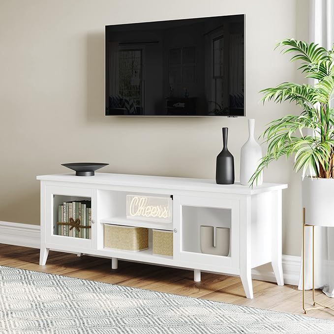 Lavish Home TV Stand-55-inch Storage Cabinet with 2 Cubbies and 2 Shelves-Entertainment Center for Living Room, Bedroom, or Entryway, 55", White - LeafyLoom
