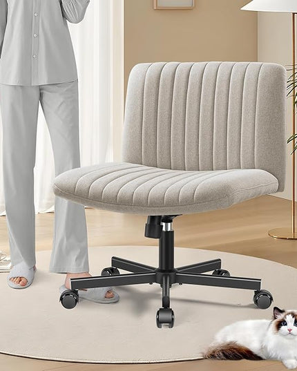Armless Office Chair with Wheels, Ergonomic Wide Seat Fabric Cross Legged Desk Chair, Swivel Computer Chair for Home Office, Modern Vanity Chair Beige - LeafyLoom