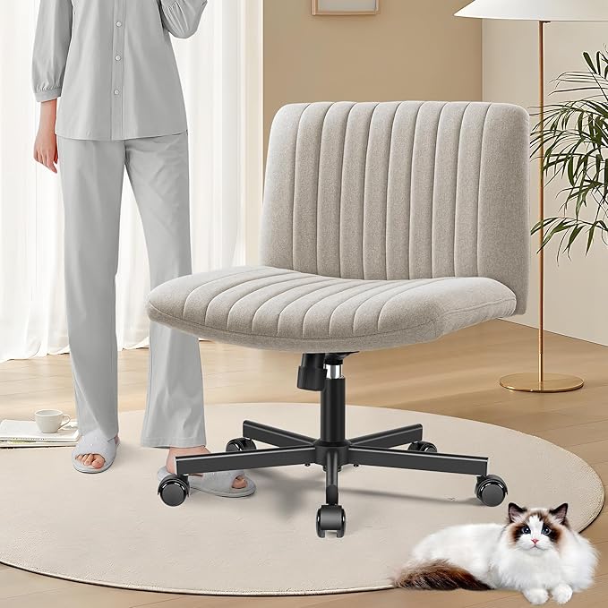 Armless Office Chair with Wheels, Ergonomic Wide Seat Fabric Cross Legged Desk Chair, Swivel Computer Chair for Home Office, Modern Vanity Chair Beige - LeafyLoom