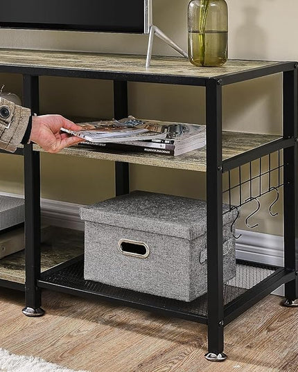 VECELO TV Stand for Televisions up to 75 Inch, Industrial Entertainment Center with 3-Tier Open Storage Shelves& Hooks for Living, Bedroom and Gaming Room, 70 Inch, Grey - LeafyLoom