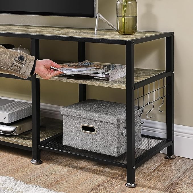 VECELO TV Stand for Televisions up to 75 Inch, Industrial Entertainment Center with 3-Tier Open Storage Shelves& Hooks for Living, Bedroom and Gaming Room, 70 Inch, Grey - LeafyLoom