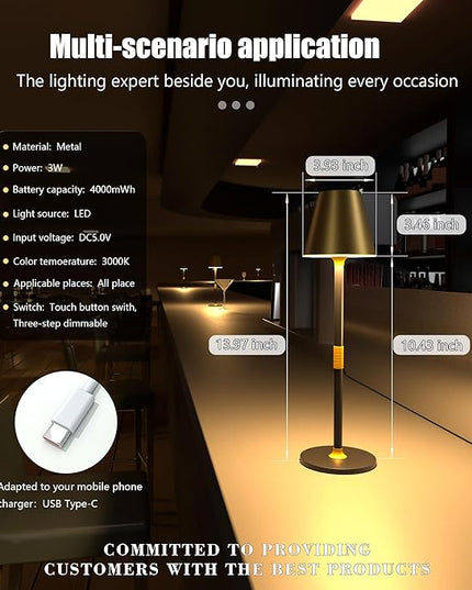 LED CordlessTable Lamp,4000mAh Rechargeable Battery Desk lamp,3 Level Brightness Beside Night Light, Minimalist Design, for Couple Dinner/Coffee Table/Restaurant/Bedroom(Gold&Black 4PACK) - LeafyLoom