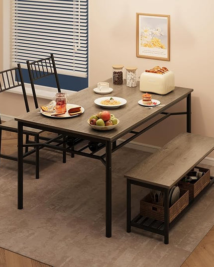 IDEALHOUSE Dining Table Set for 4, Kitchen Table and Chairs for 4 with Storage Bench, Rectangular Kitchen Table Set with Wine Rack, Dining Room Table Set for Small Space, Apartment, Retro Grey - LeafyLoom