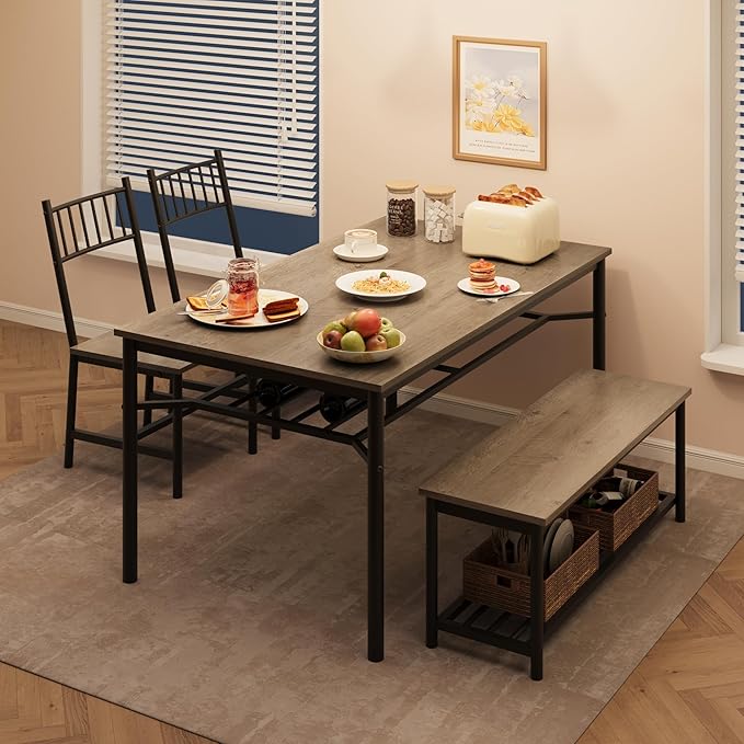 IDEALHOUSE Dining Table Set for 4, Kitchen Table and Chairs for 4 with Storage Bench, Rectangular Kitchen Table Set with Wine Rack, Dining Room Table Set for Small Space, Apartment, Retro Grey - LeafyLoom
