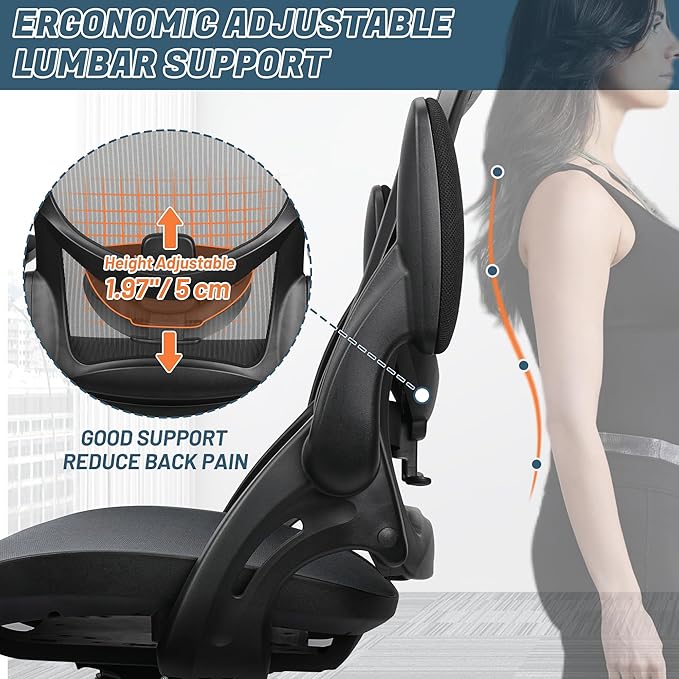 Mesh Home Office Computer Desk Chair Height Adjustable Lumbar Support with Flip Up Arms Swivel Wheels for Adult, Mid Back, black - LeafyLoom