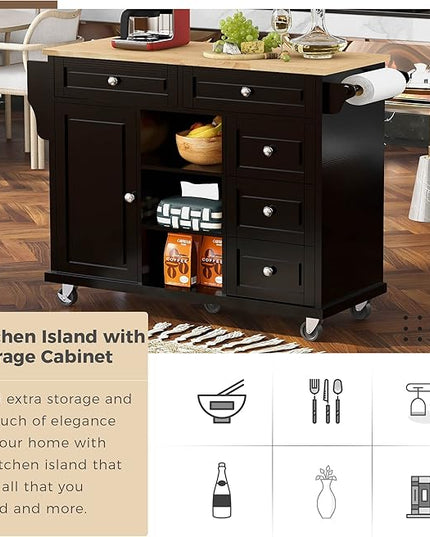 Island with Storage Cabinets, Rolling Mobile Kitchen-cart with Rubber Wood Desktop and 5 Drawers & Open Shelves, Sideboard for Dining Room, Home Bar, Black, 52.8 Inch - LeafyLoom