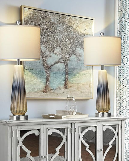 28" Glass Table Lamp Set of 2, Modern Table Lamps with USB A+C Ports & AC Outlet, Touch Control Bedside Nightstand Lamp with LED Night Light & White Fabric Shade for Living Room Blue(4 Bulbs Included) - LeafyLoom