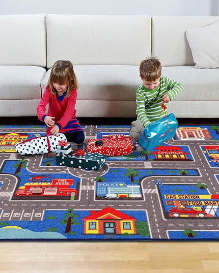 Kids Carpet Playmat Rug 59"x39.4", Car Rug for Kids Cars, Non-Slip Town City Road Map Kids Rug for Playroom Bedroom Boys, Kids Car Mat Road Rug, Track Rug Car Play Rug for Kids (59X39.4 INCH-Blue) - LeafyLoom