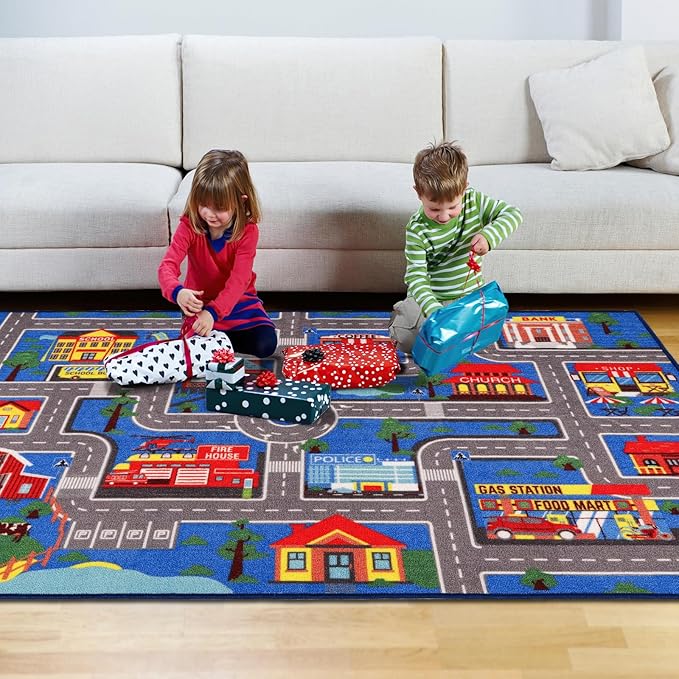 Kids Carpet Playmat Rug 59"x39.4", Car Rug for Kids Cars, Non-Slip Town City Road Map Kids Rug for Playroom Bedroom Boys, Kids Car Mat Road Rug, Track Rug Car Play Rug for Kids (59X39.4 INCH-Blue) - LeafyLoom