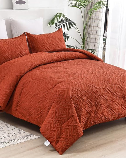 WONGS BEDDING Burnt Orange Comforter Set Queen Size(90“×90”), Terracotta Boho Geometric Textured Bedding Comforter Sets - 3 Pieces Soft Microfiber Ultrasonic Bedding with 2 Pillowcases - LeafyLoom