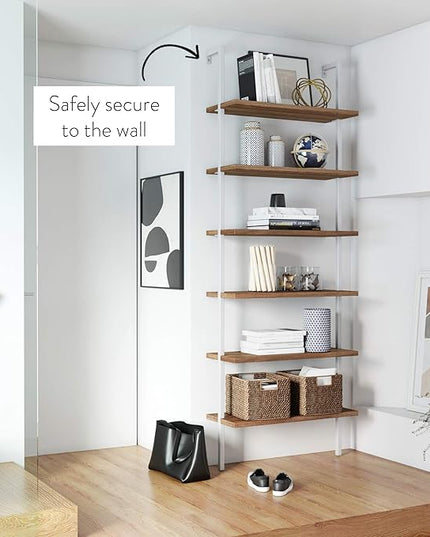Nathan James Theo 6-Shelf Tall Bookcase, Wall Mount Bookshelf with Natural Wood Finish and Industrial Metal Frame, Rustic Oak/White - LeafyLoom
