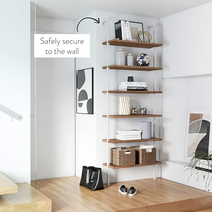 Nathan James Theo 6-Shelf Tall Bookcase, Wall Mount Bookshelf with Natural Wood Finish and Industrial Metal Frame, Rustic Oak/White - LeafyLoom