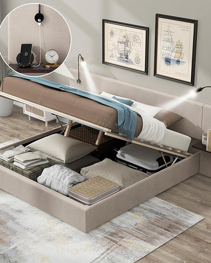 Queen Size Storage Upholstered Hydraulic Platform Shelves, Modern Velvet Fabric Bed Frame W/ 2 Lights and USB Port,No Box Spring Required,for Bedroom, Apartment,Beige - LeafyLoom