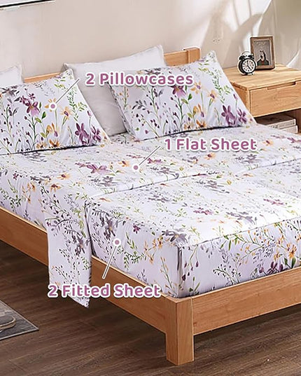QSH 100% Cotton Sheets for Split King Size Bed - Floral Plant Pattern Botanical Luxury Cotton Printed Floral Bedding King Size Sheet with Deep Pockets 17" Soft and Breathable 5pcs - LeafyLoom