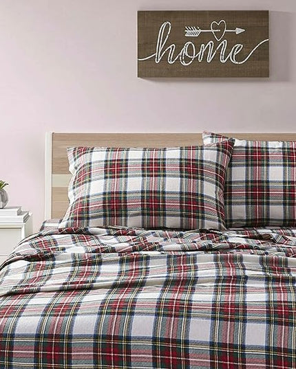 Comfort Spaces Cotton Flannel Breathable Warm Deep Pocket Sheets with Pillow Case Bedding, King, Red Plaid Scottish Plaid 4 Piece - LeafyLoom
