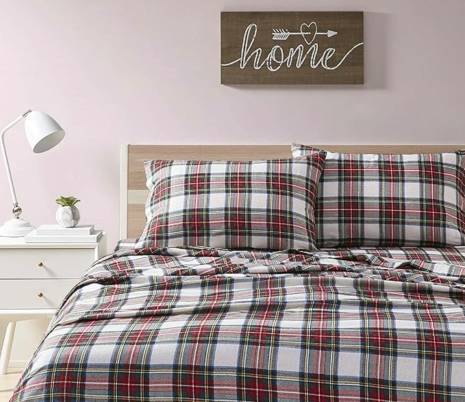 Comfort Spaces Cotton Flannel Breathable Warm Deep Pocket Sheets with Pillow Case Bedding, King, Red Plaid Scottish Plaid 4 Piece - LeafyLoom