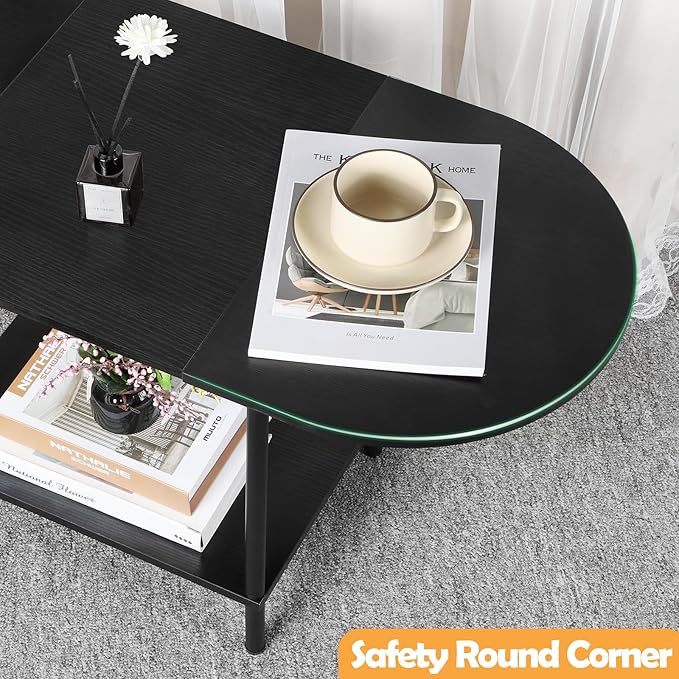 Coffee Tables for Living Room,2-Tier Small Coffee Table Industrial Modern Black Coffee Table with Storage Shelf and Wood Tabletop for Small Space,Home Office - LeafyLoom