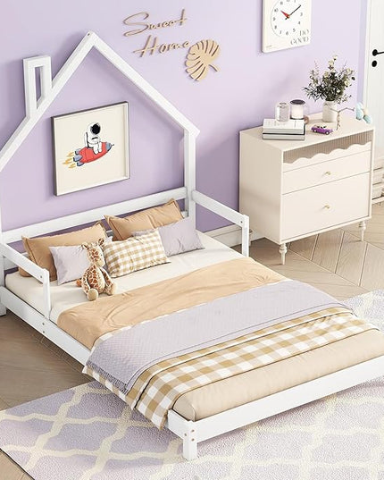Full Size Bed Frame for Kids,House-Shaped Headboard Kids Bed,Girls Bed with Handrails,Low Platform Bed for Boys Girls,No Box Spring Needed(White) - LeafyLoom