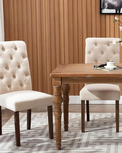 COLAMY Tufted Dining Room Chairs Set of 4, Parsons Diner Chairs Upholstered Fabric Side Kitchen Chairs with Solid Wood Legs and Padded Seat - Beige - LeafyLoom