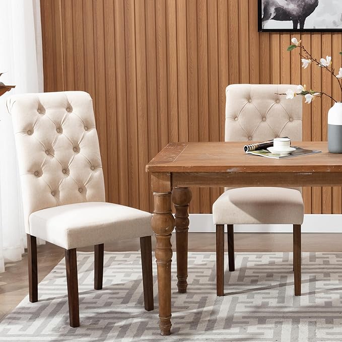 COLAMY Tufted Dining Room Chairs Set of 4, Parsons Diner Chairs Upholstered Fabric Side Kitchen Chairs with Solid Wood Legs and Padded Seat - Beige - LeafyLoom