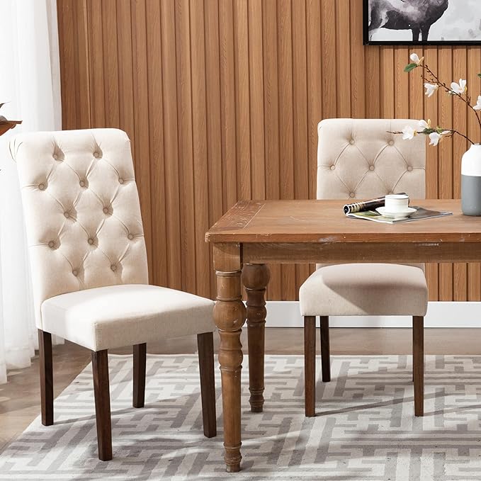 COLAMY Button Tufted Dining Chairs Set of 6, Accent Parsons Diner Chair Upholstered Fabric Dining Room Chairs Stylish Kitchen Chairs with Solid Wood Legs and Padded Seat - Dark Beige - LeafyLoom