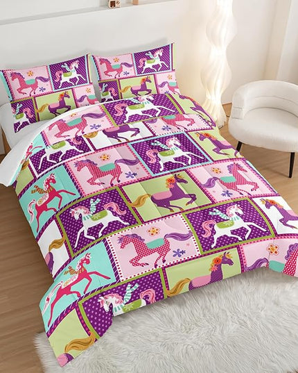 HOSIMA 3Pcs Kawaii Kids Horse Comforter Set with 2 Pillowcases,Colorful Dots Style Twin Bed in a Bag Sets for Adults Teens,Horse Pony Twin Comforter Princess Toddler Bedding Set. - LeafyLoom