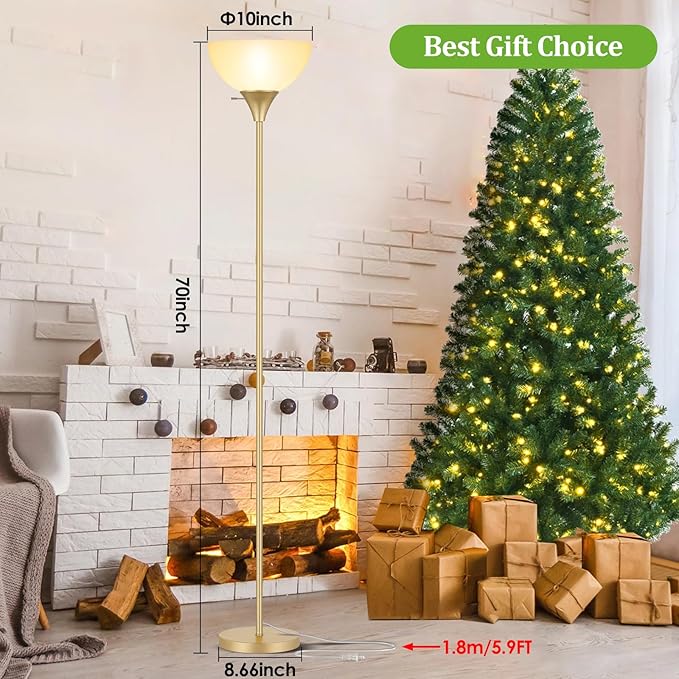 Floor Lamp, LED Standing Lamps with White Plastic Shade, White Modern Torchiere Floor Lamp, Simple Tall Lamps for Living Room Dorm Bedroom, Rotary Switch, E26 Base, Bulb not Included, Gold - LeafyLoom