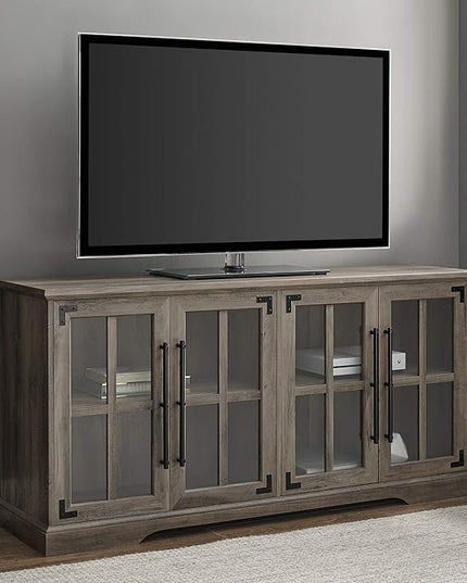 Walker Edison Farmhouse Barn Glass Door Wood Universal TV Stand for TV's up to 64" Flat Screen Living Room Storage Cabinet Doors and Shelves Entertainment Center, 58 Inch, Grey Wash - LeafyLoom