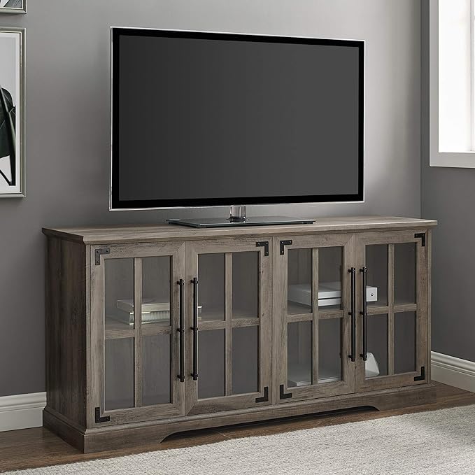 Walker Edison Farmhouse Barn Glass Door Wood Universal TV Stand for TV's up to 64" Flat Screen Living Room Storage Cabinet Doors and Shelves Entertainment Center, 58 Inch, Grey Wash - LeafyLoom